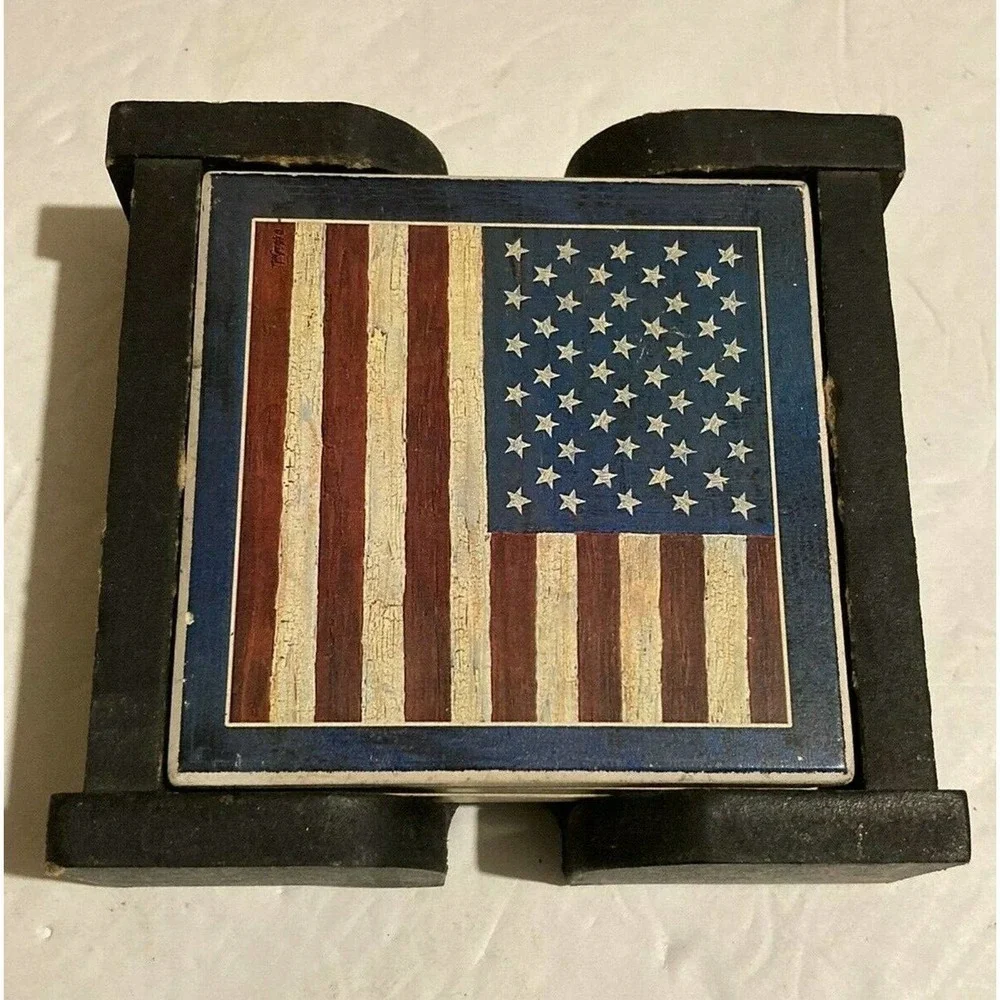 USA American Flag Coasters,‎ Ceramic w/ Wood Holder